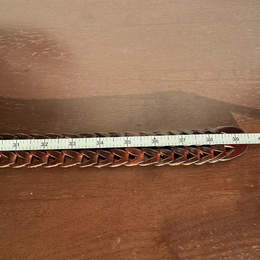 Genuine Full Grain Leather Braided Woven Belt Brown Solid Brass Buckle Size 38